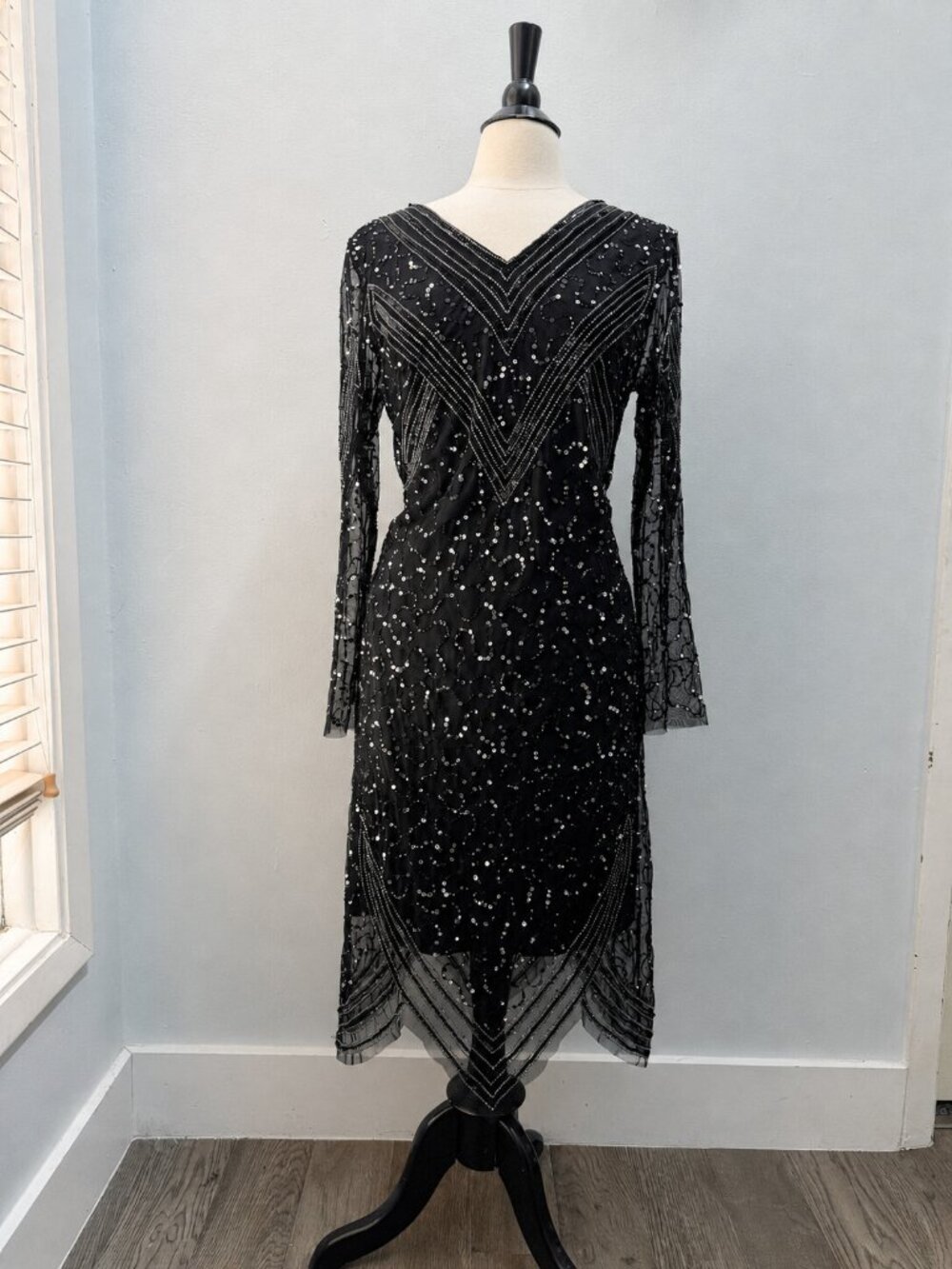 ASHRO Black Beaded Sequin Art Deco Gatsby Midi Dress Size 12